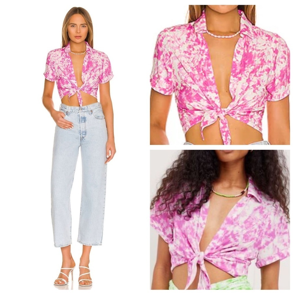 New! For Love And Lemons Devon Pink White tie dye tie front Blouse 2618